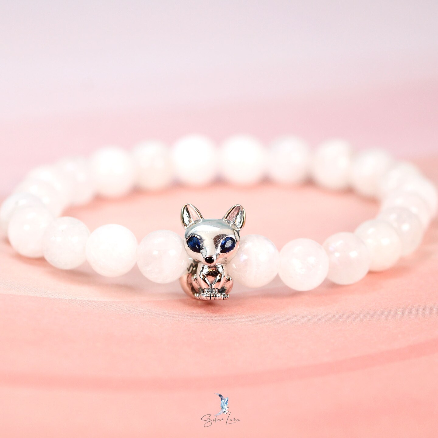 Natural moonstone beaded fox charm fengshui bracelet | MakerPlace