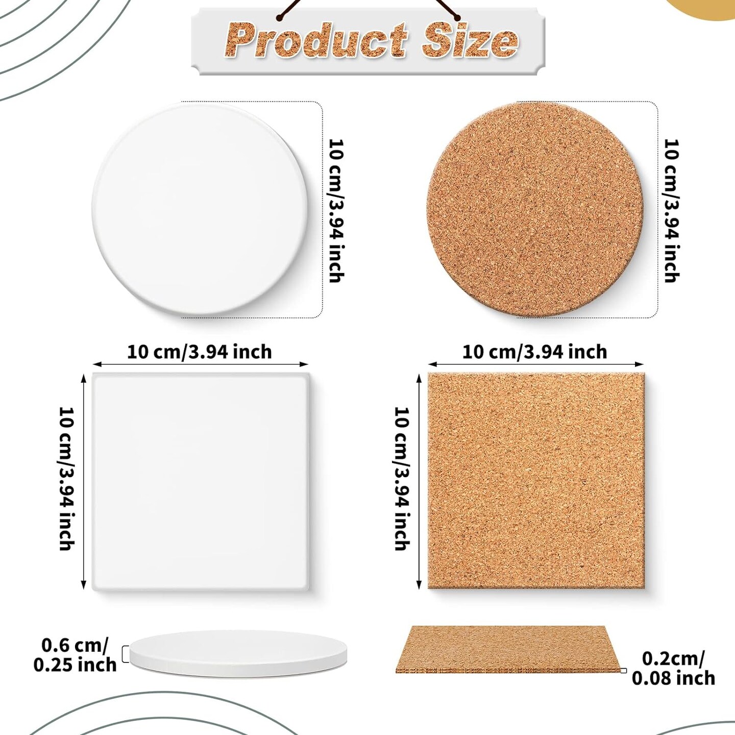 96 Pcs Ceramic Tiles for Crafts Coasters, Ceramic Tiles, Include 48 Unglazed White Tiles with 48 Cork Backing Pads Use with Alcohol Ink Acrylic Pouring for DIY Project Gift (Square, Round)
