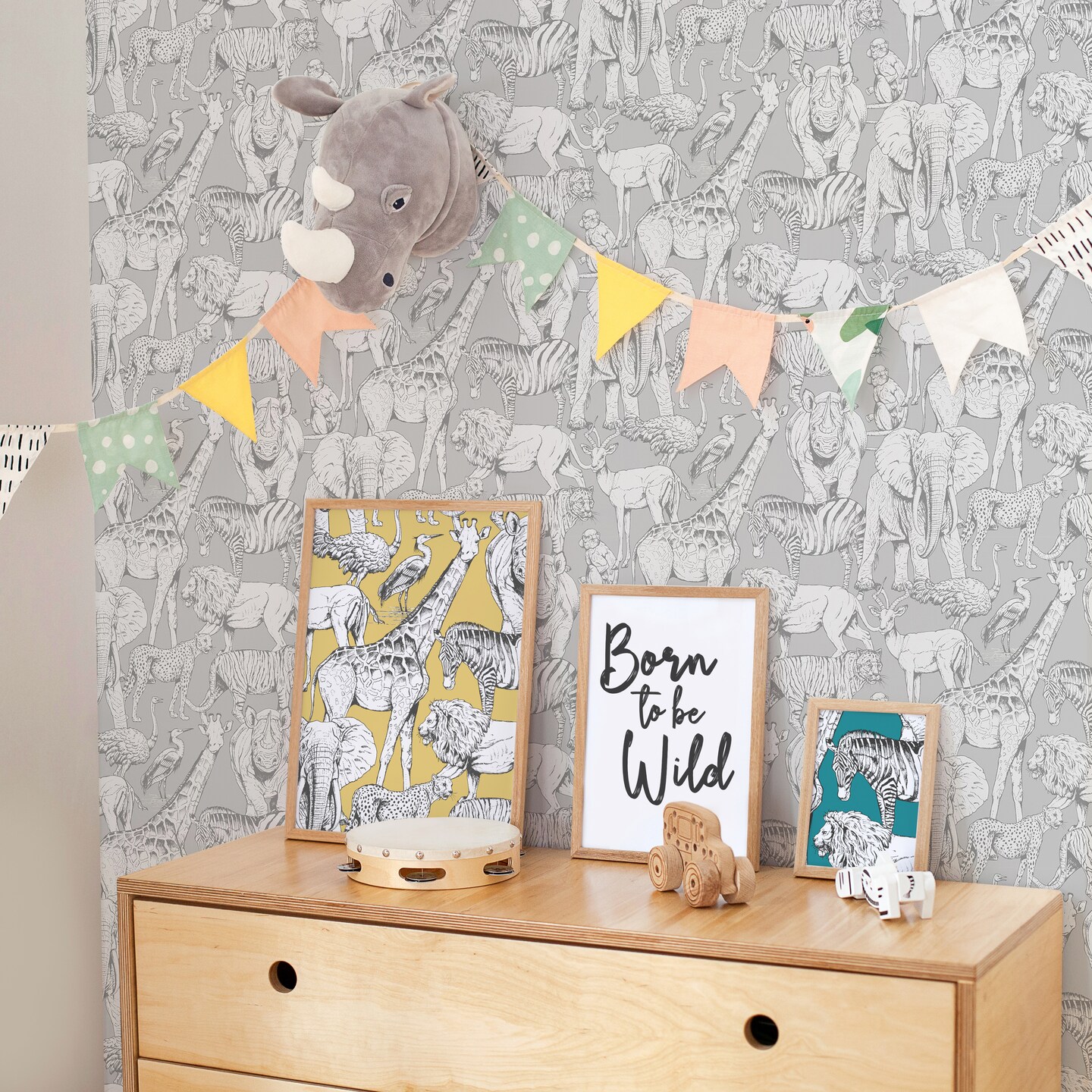 Jungle Animals Grey Wallpaper