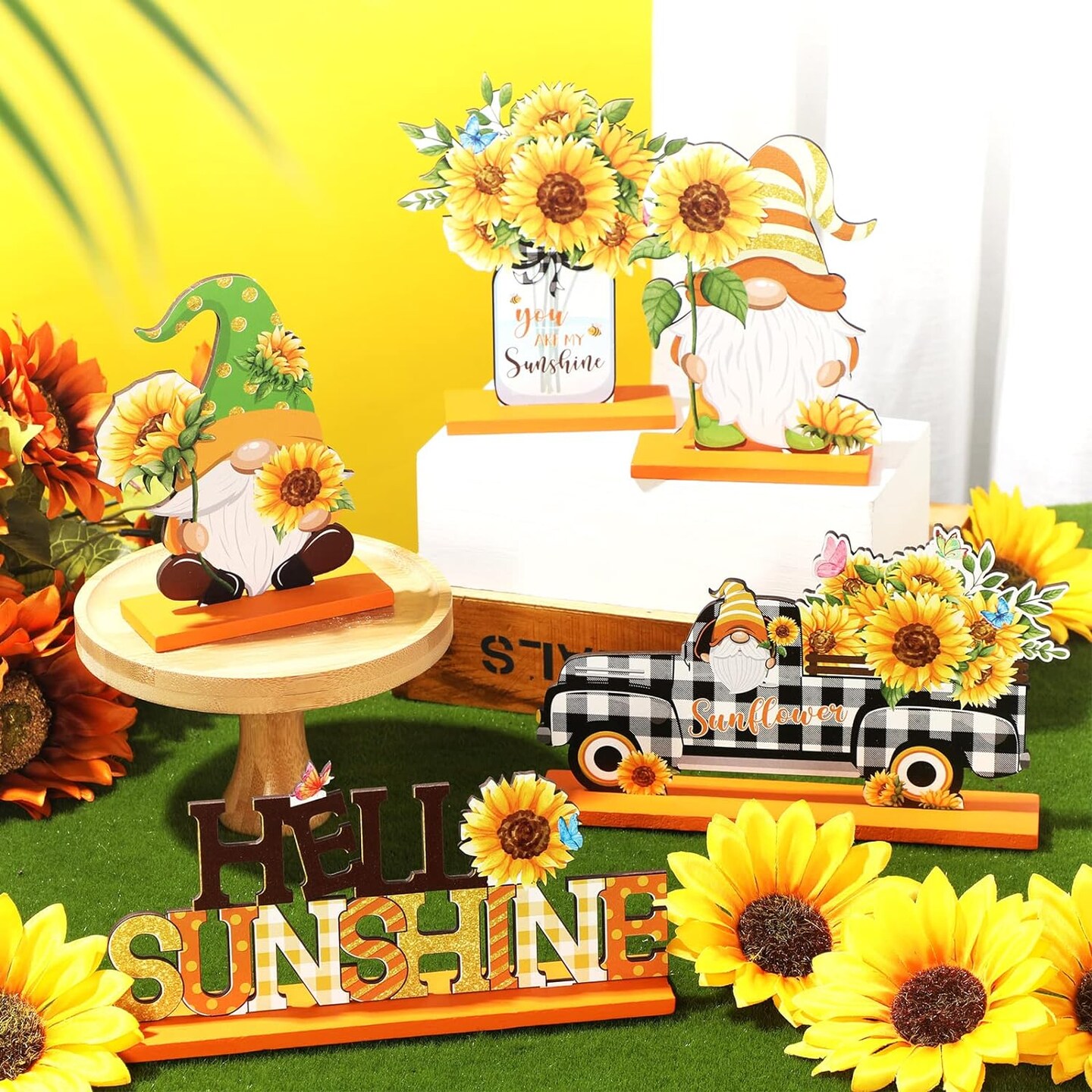 Five Pieces Wooden Table Centerpieces with Sunflower Signs and Fall Gnome Wooden Table Decor Signs for Decorating a Sunshine Table Autumn Gnome Wooden Centerpiece (Multicolored) for Home Parties