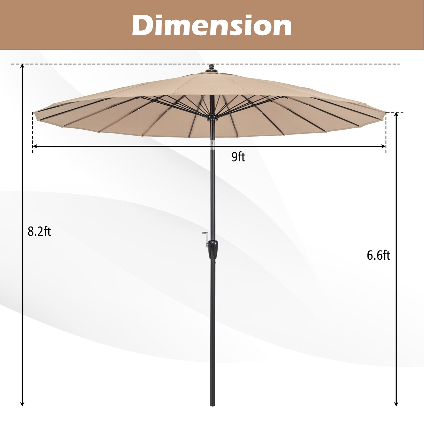 9 Feet Round Patio Umbrella With 18 Fiberglass Ribs