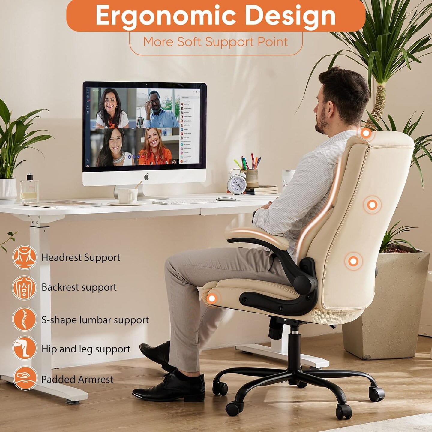 Computer Gaming Chair, Ergonomic Office Chair High Back Heavy Duty Task Desk Chair with Flip-up Arms, PU Leather, Adjustable Swivel Rolling Chair with Wheels, Cream