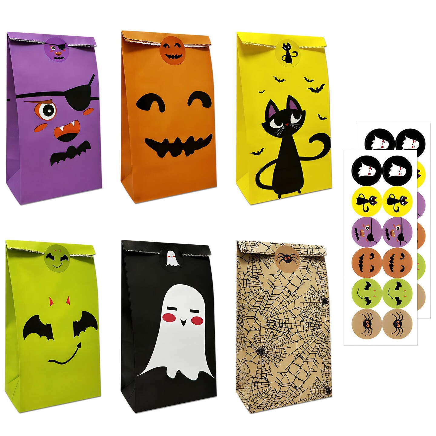 Wrapables Halloween Trick or Treat Bags with Stickers, Goody Bags for Parties, Candy and Treats (Set of 24), Scary