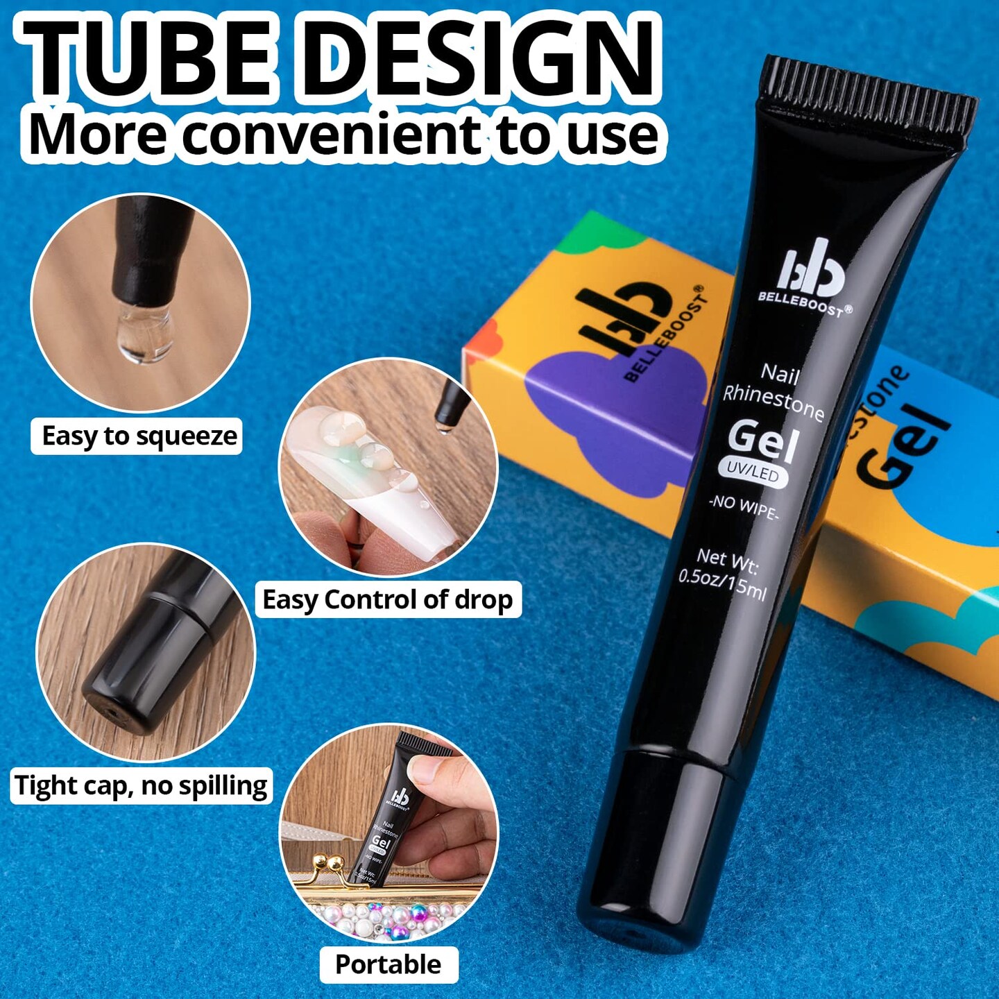 1 Tube of 15ml Gel + Colorful Gems + Flat-back Round Glass Crystals With Pickup Tools