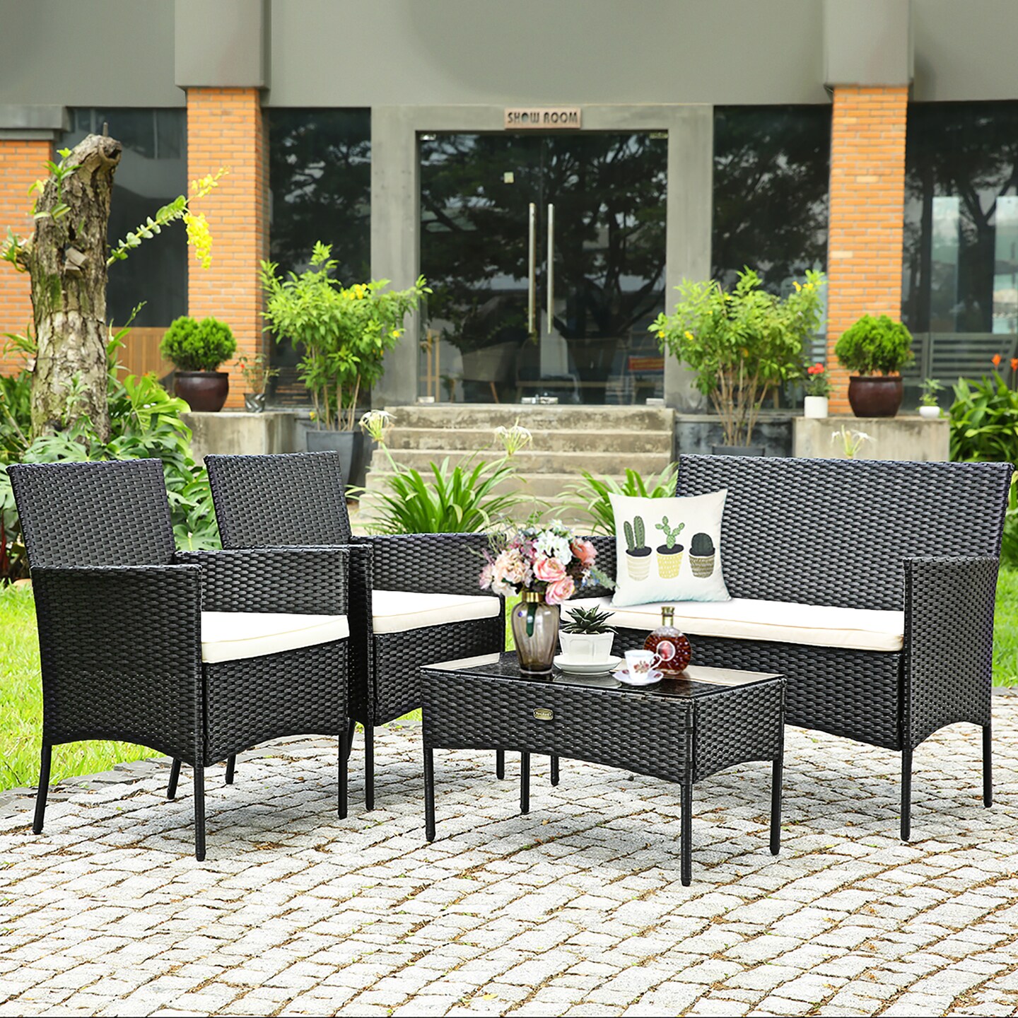 Costway 4PCS Patio Furniture Set Rattan Wicker Conversation Set Outdoor