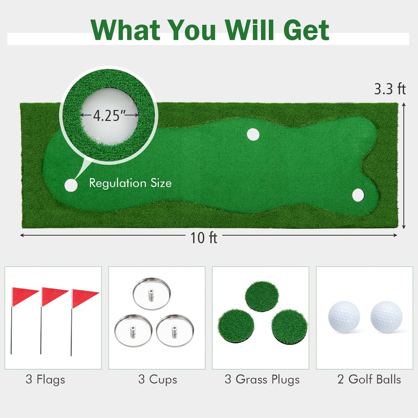 Green Golf Putting Green PP Rubber 3 Holes Complete Accessory Set Portable