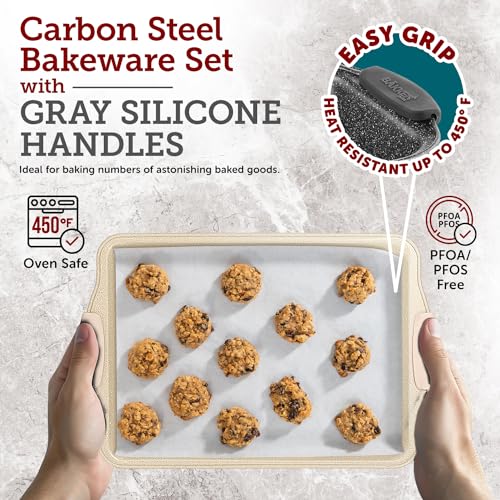 3 Pieces Deluxe Nonstick White Marble Baking Pans - Professional Carbon Steel Bakeware Set with Silicone Handles - Dishwasher Safe & Stackable