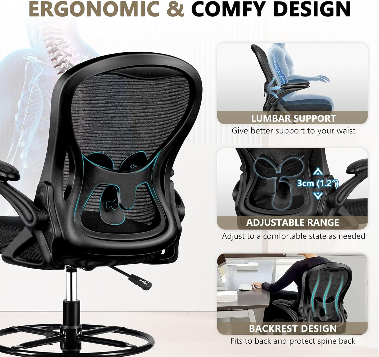 Drafting Chair, Tall Office Chair Ergonomic Standing Desk Chair, Lumbar Support Computer Chair Swivel Task Rolling Chair with Adjustable Flip-up Armrests & Foot Ring (Black)