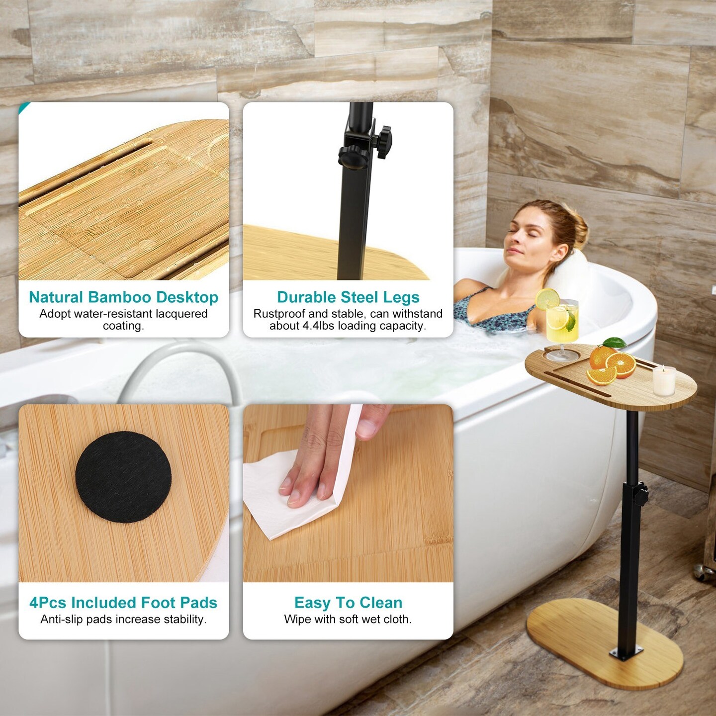C-Shaped Bathtub Tray Table With Adjustable Height 360&#xB0; Rotatable Desktop Freestanding Bath Caddy Against Wall Couch Bed Sofa Side Table