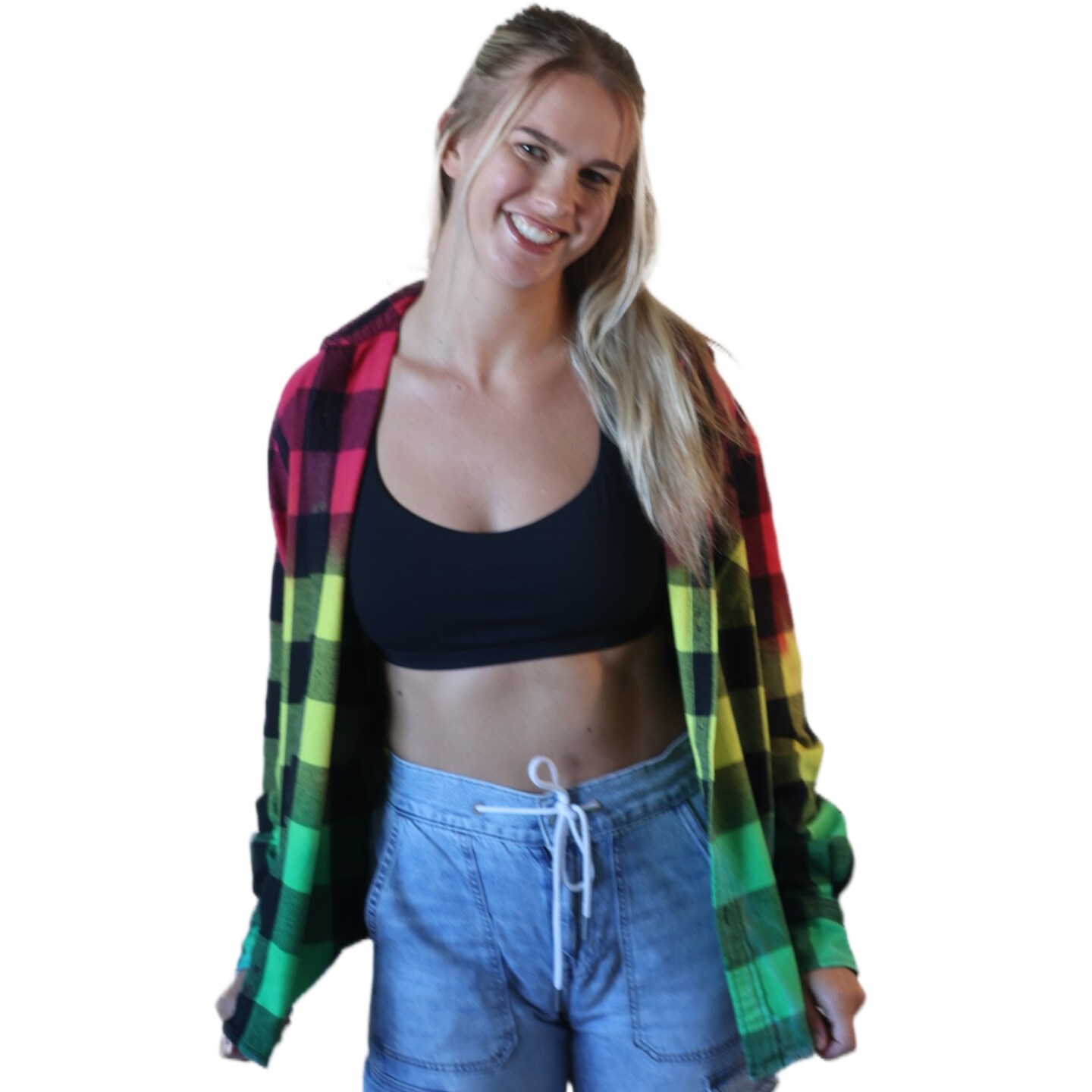 Rasta Tie Dye Flannel - Women's Red Yellow Green Oversized Reggae Buffalo Plaid Shirt - image9