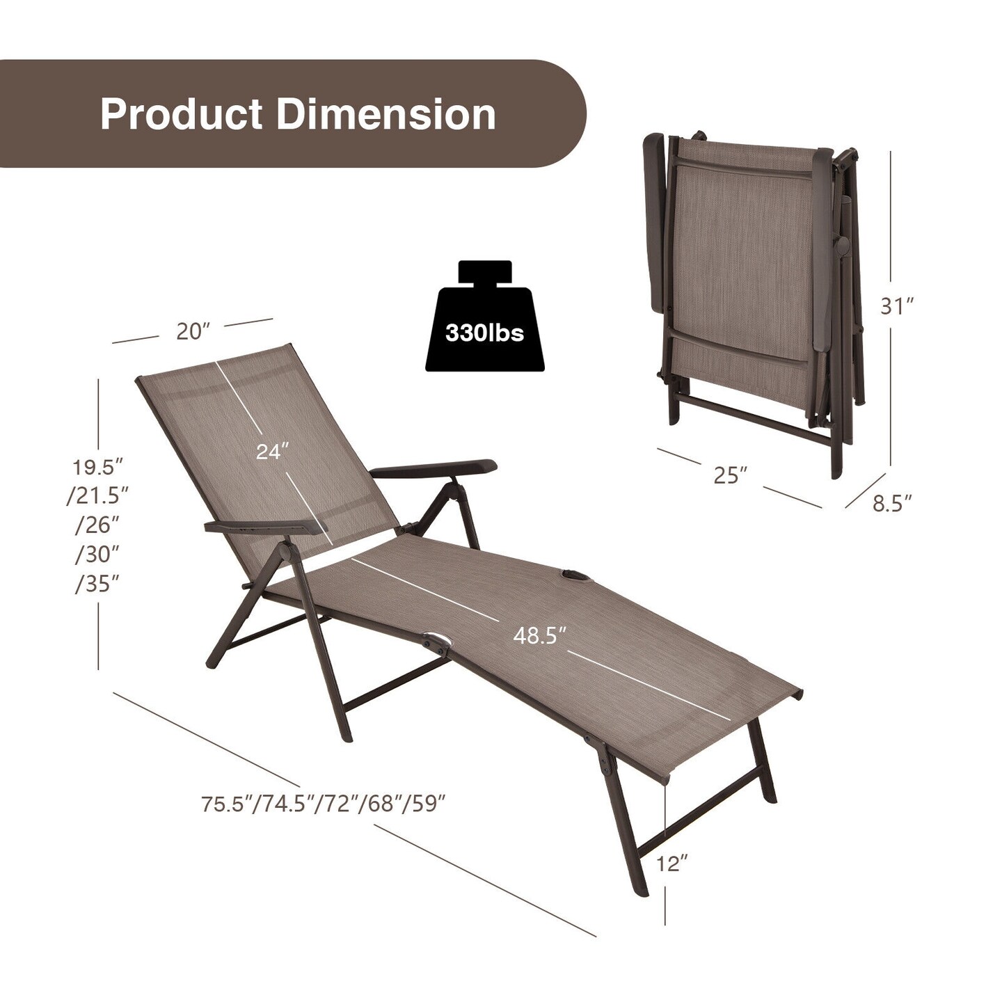 2 Pieces Foldable Chaise Lounge Chair With 2-position Footrest