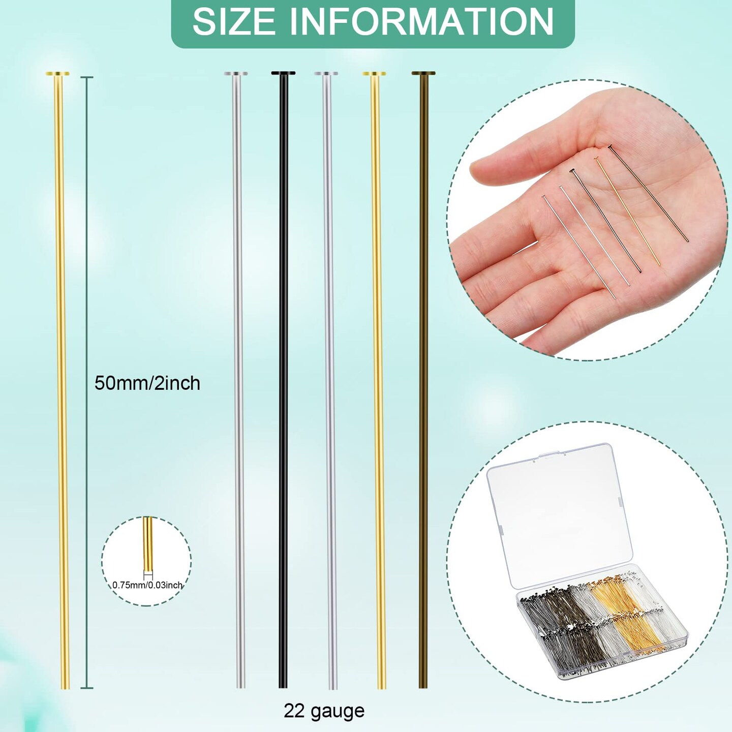 500 PCS Flat Head Pins for Jewelry Making 2 Inch Straight Head Pins Metal End Headpins DIY Head Pin Findings with Plastic Box for Craft Earring Bracelet Necklace Pendant Supplies (Mixed Colored)