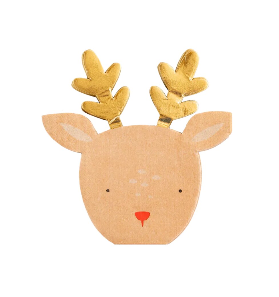 Rudolph Reindeer Shaped Paper Napkins with Gold Foil Accents - 18 Pack