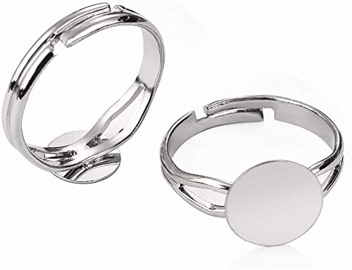 40 Pieces Findings Assortments Blank Rings- Silver Plated Adjustable Flat 12mm Ring Base Blank Jewelry Findings