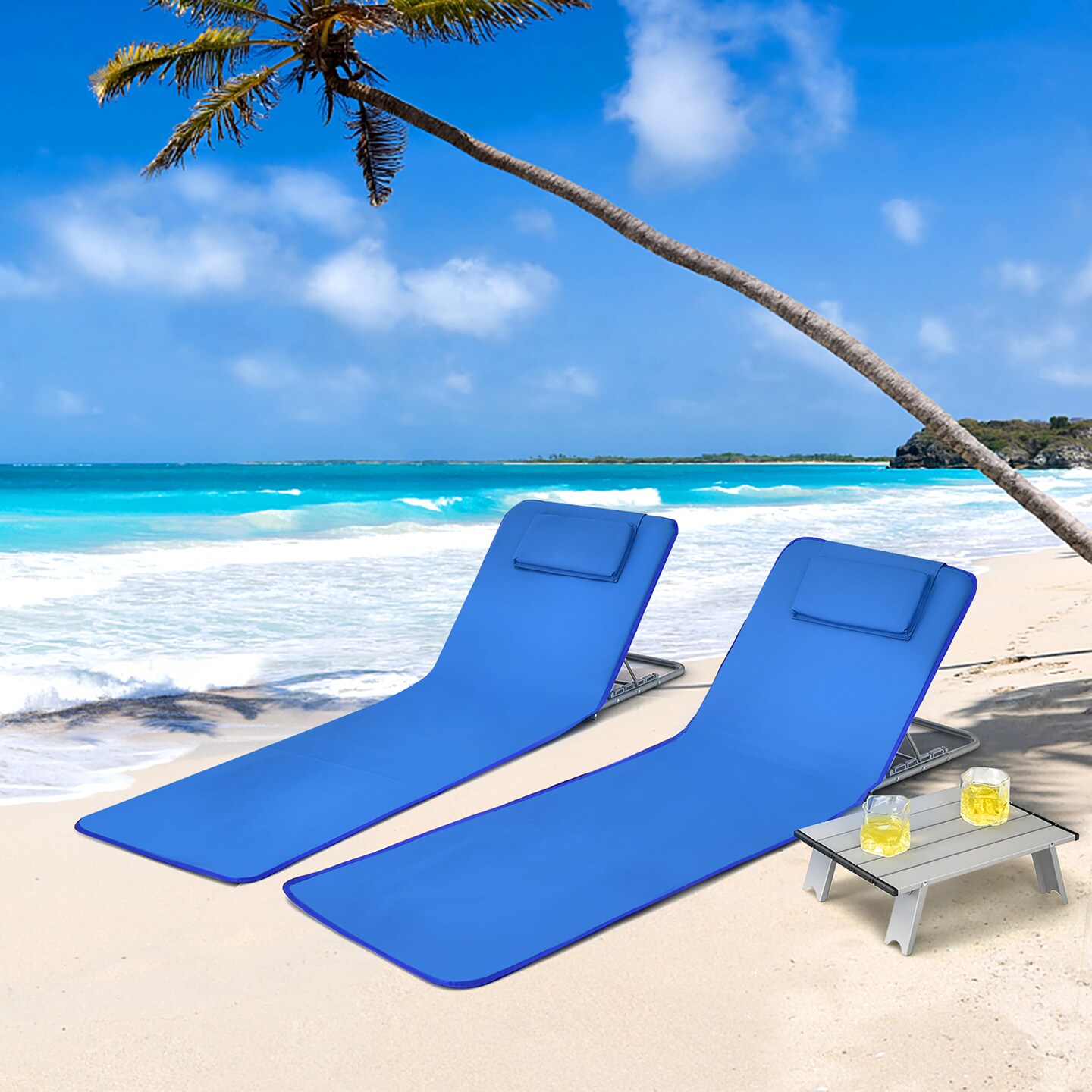 Costway 3-Piece Beach Lounge Chair Mat Set 2 Adjustable Lounge Chairs with Table Blue\Stripe