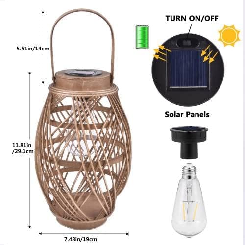 Edison bulb, auto on/off, style 2: Outdoor Solar Lanterns with Rattan Bamboo Lamp with Handle for Hanging or Table Lamp for Patio Yard Garden Wedding Home Decoration