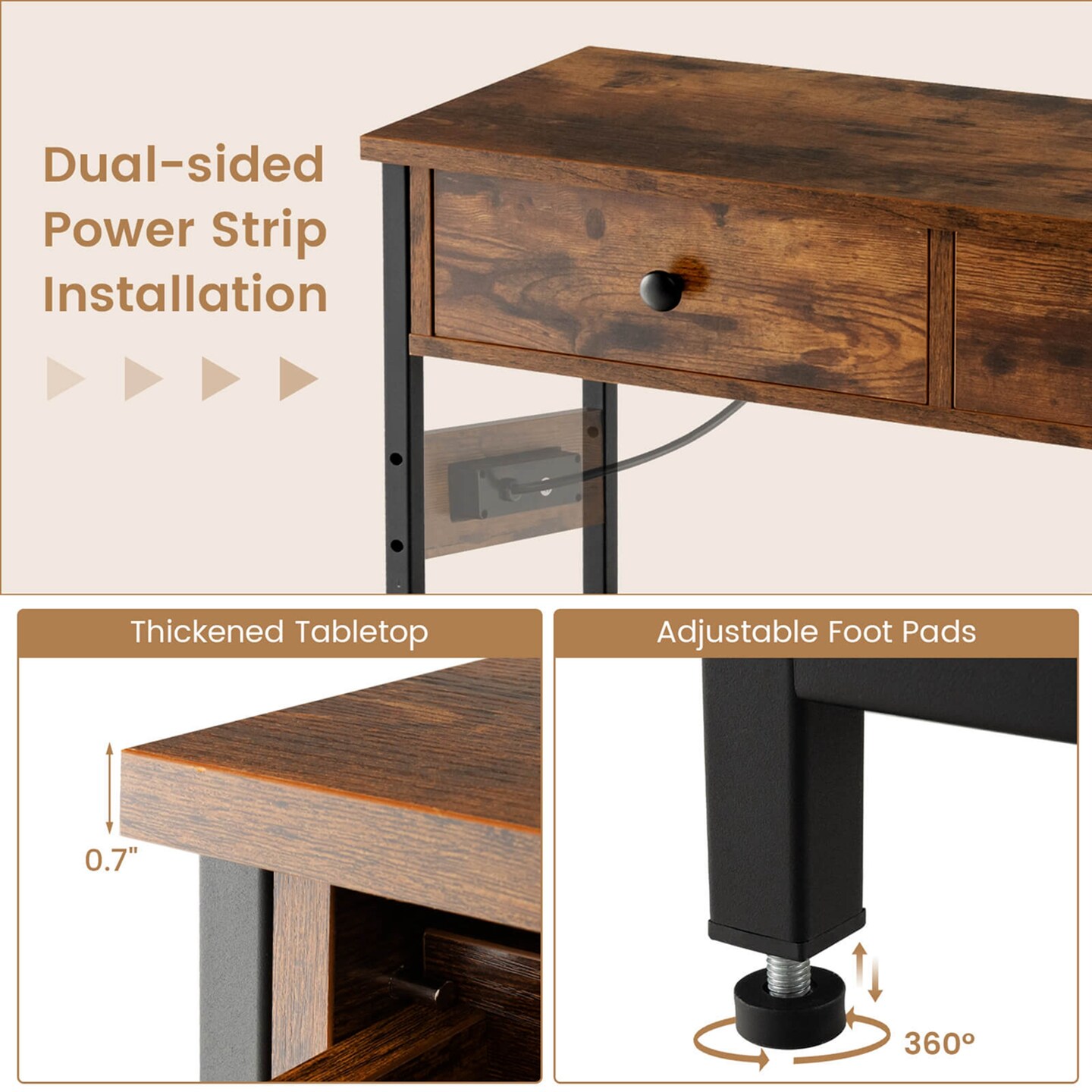 Costway Entryway Table with Charging Station Narrow Console Table with 2 Drawers Brown/Oak