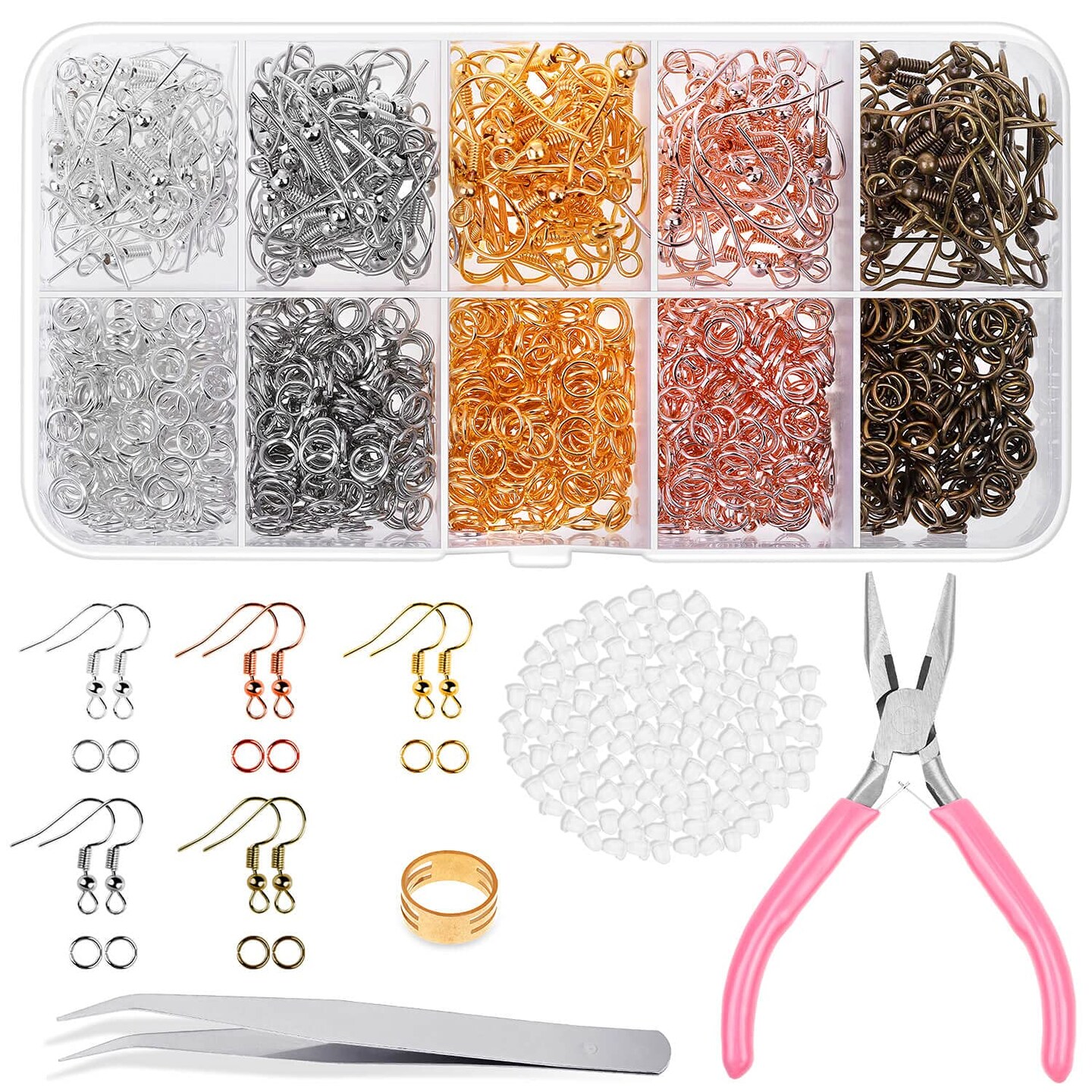 1400 Pieces Earring Hooks, Making Kit with 200pcs Ear Ring 1000pcs Jump Rings, Backs and Jewelry Pliers for Supplies Findings