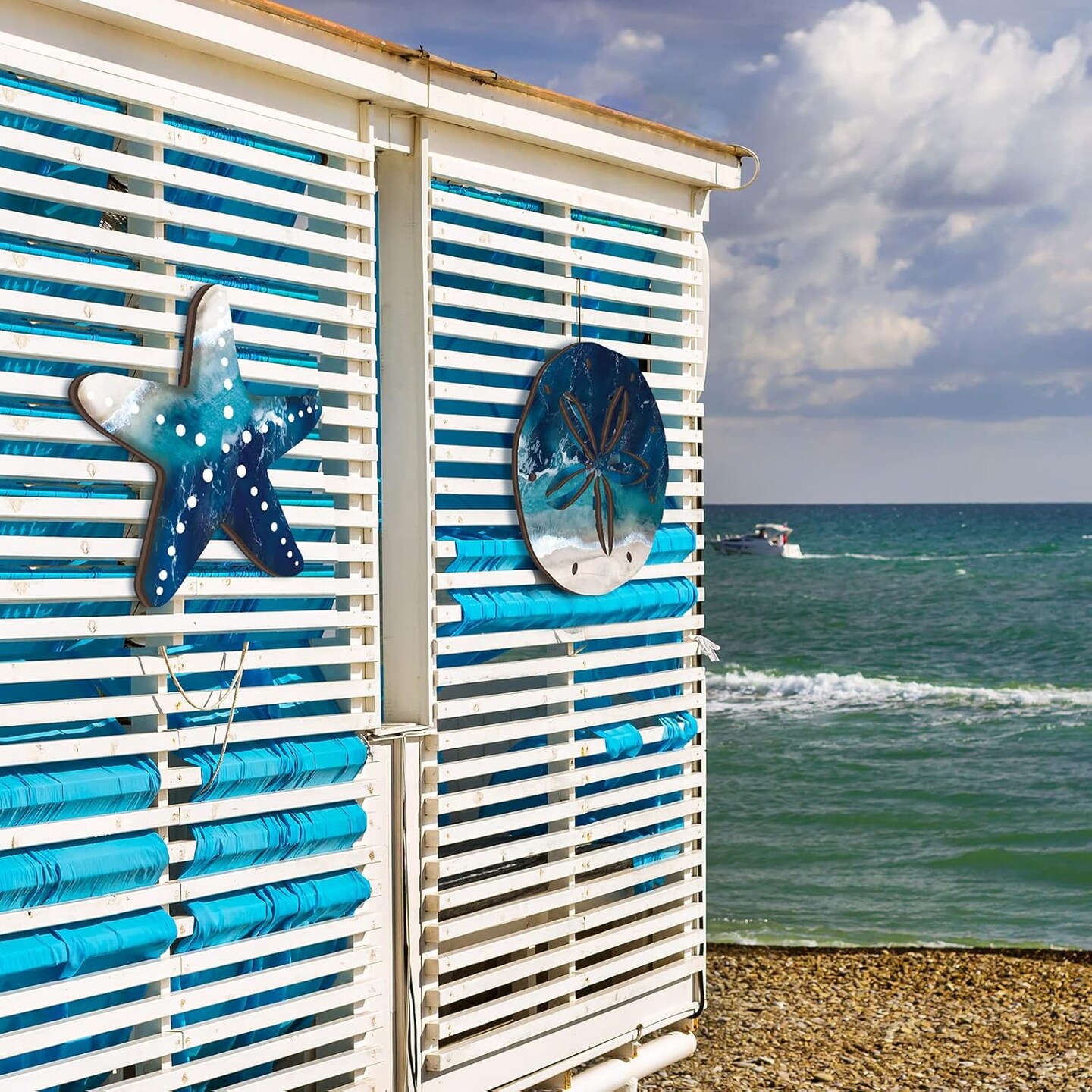 6 pcs of wood coastal wall art, seashell wall decor, wooden nautical bathroom decor, hanging sea farmhouse rustic wall decorations for indoor and outdoor use, blue (starfish).