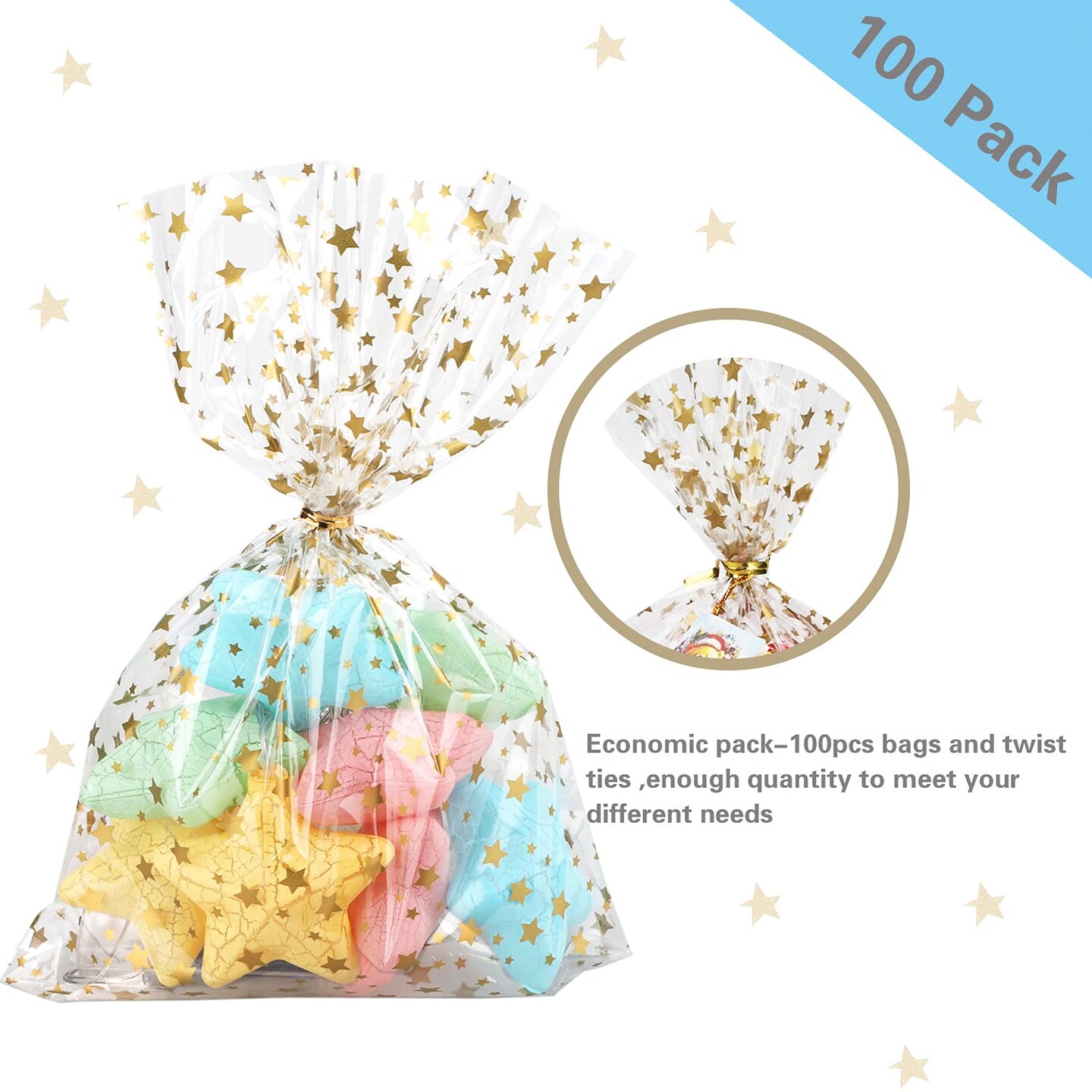100 Pieces Star Printed 5&#x22;X 7&#x22; Gift Wrap Cello Cellophane Treat Bags Party Favor bags Clear Candy Cookie Bags Plastic Poly Goodie Storage Bags with Twist Ties for Bakery,Birthday, Wedding,Party