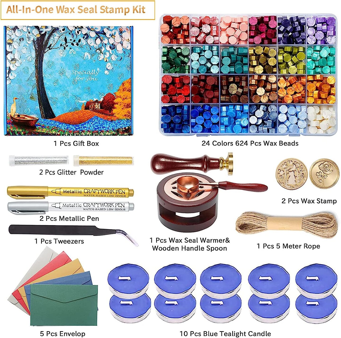 Wax Seal Kit with Gift Box, 624 Pcs Wax Seal Beads with 2 Pcs Wax Seal Stamps, Sealing Wax Warmer, Wax Seal Metallic Pen, Envelope, Candles, Wax Seal Stamp Kit for Gift and Craft