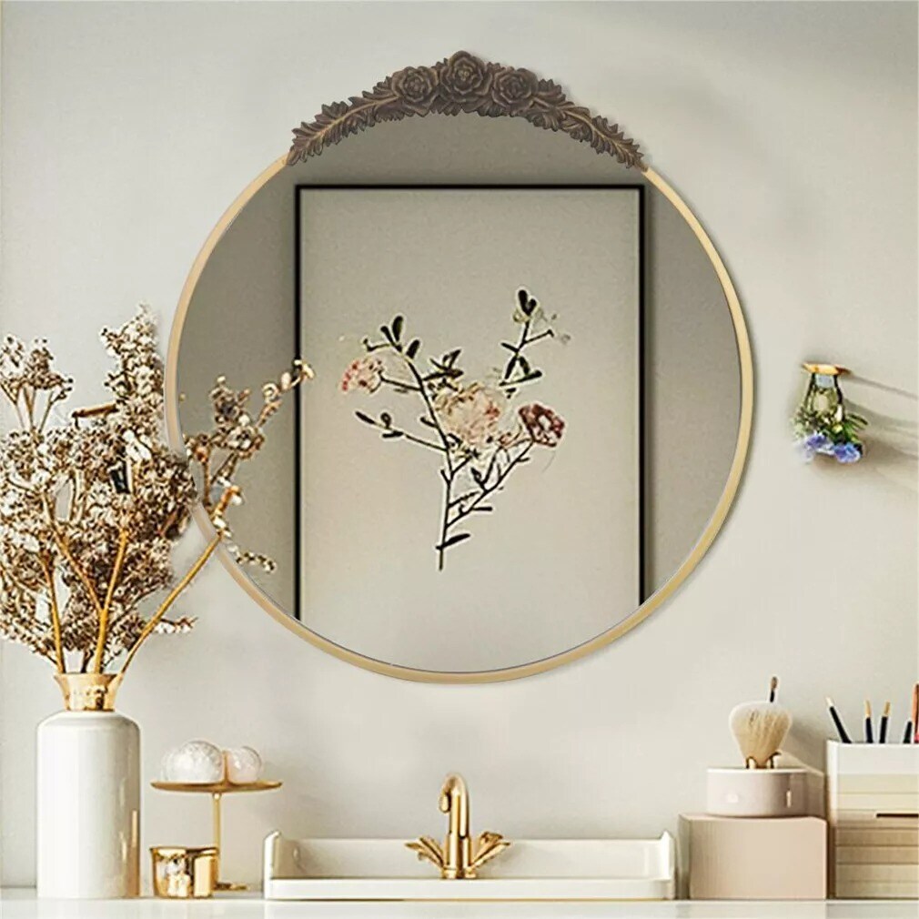 Wisfor Round Wall Mirror Antique Metal Frame with Rose Pattern Decorative Mirror