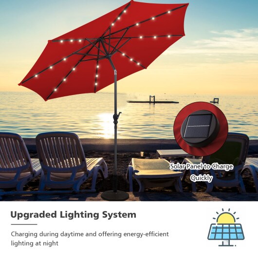 10 Feet Patio Solar Umbrella With Crank And Led Lights