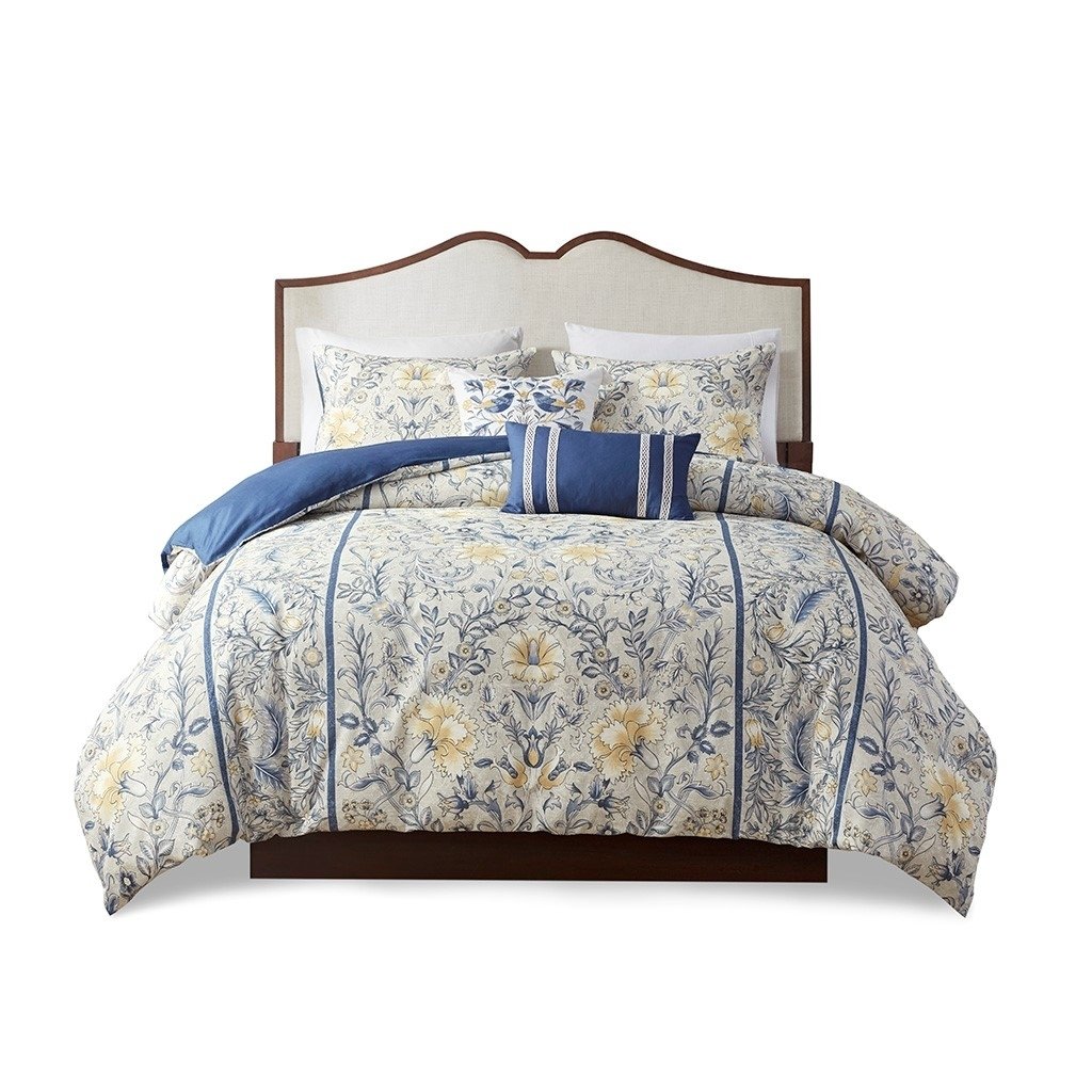 Gracie Mills Marlon 5-Piece Cotton Botanical Duvet Cover Set Yellow Blue Grace-13946