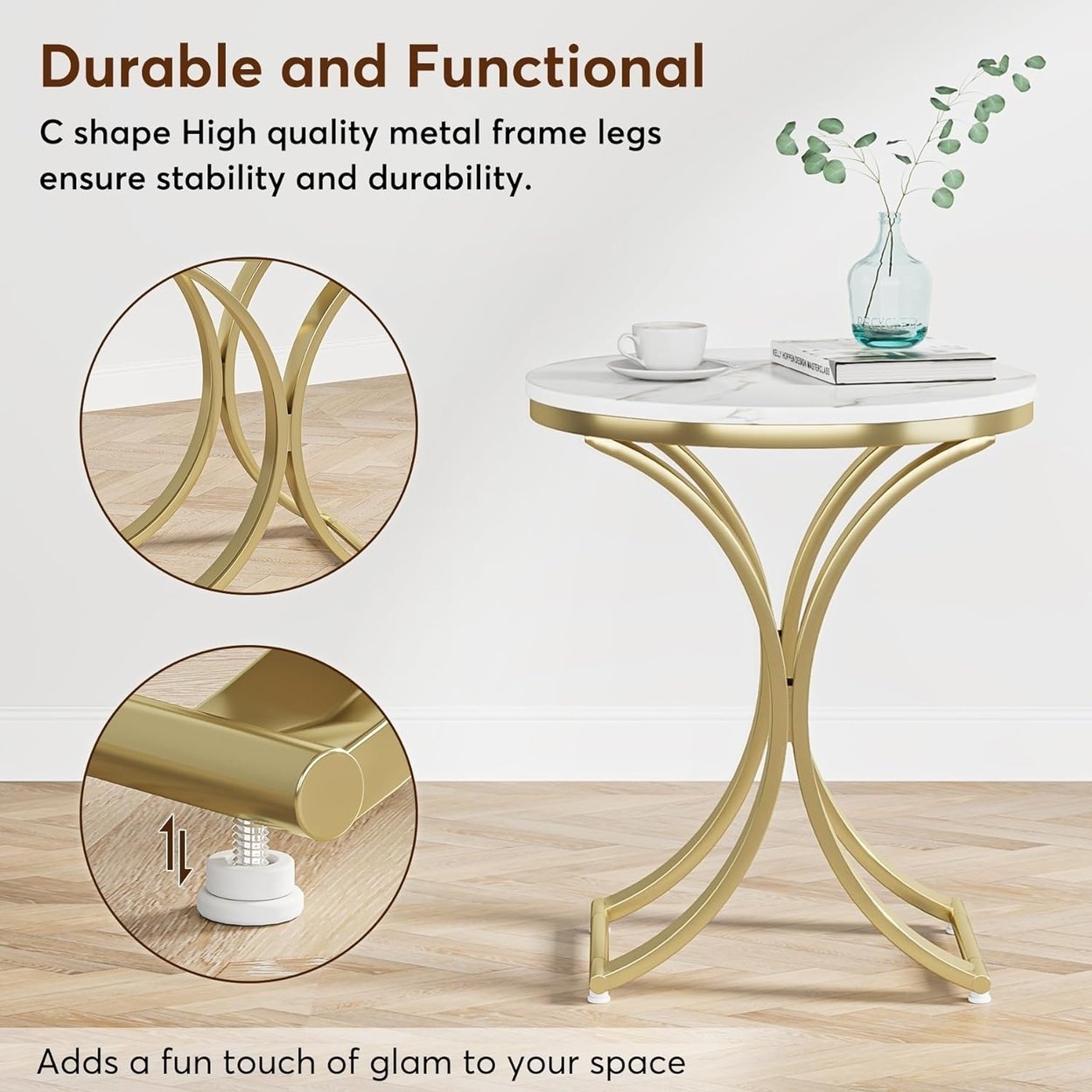 Tribesigns Round Side Table Marble Top Gold Metal C Legs 19.7&#x22; Accent Table