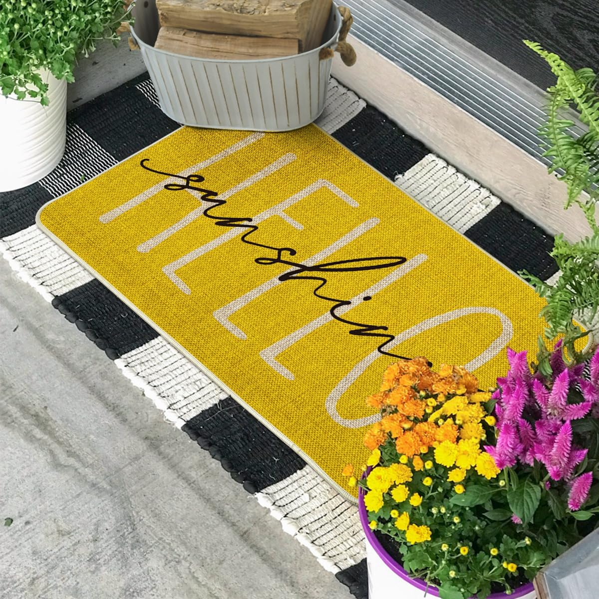 Seasonal Spring Holiday Low-Profile Floor Mat Switch Mat for Indoor Outdoor 17 x 29 Inch Yellow Hello Sunshine Summer Decorative Doormat