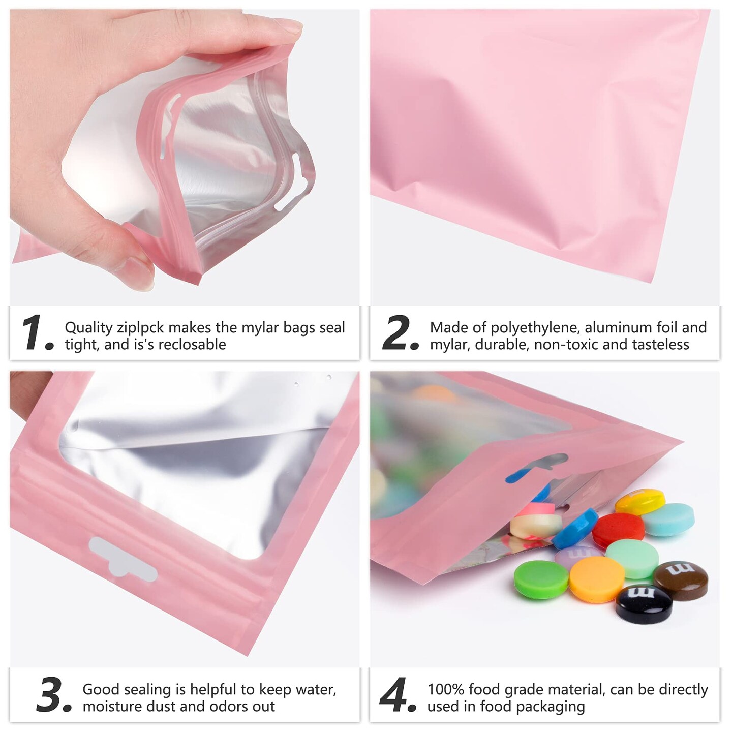 100 PCS Resealable Mylar Bags with Zip and Clear Window Smell Proof Bags Packaging Bags Foil Pouch Zip Bags for Food Self Sealing Storage Supplies (Pink, 2.75×3.93 inches)
