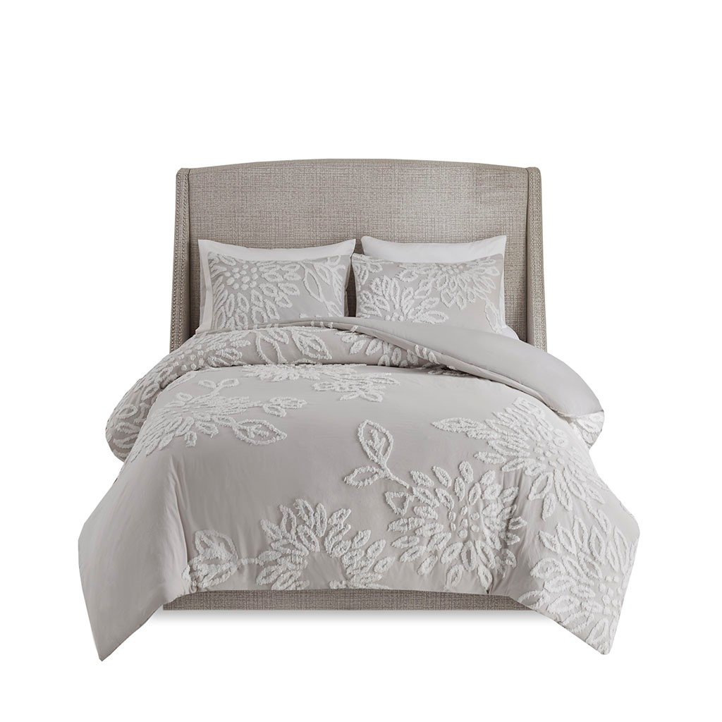Gracie Mills Anita 3-Piece Tufted Cotton Chenille Floral Duvet Cover Set Grey
