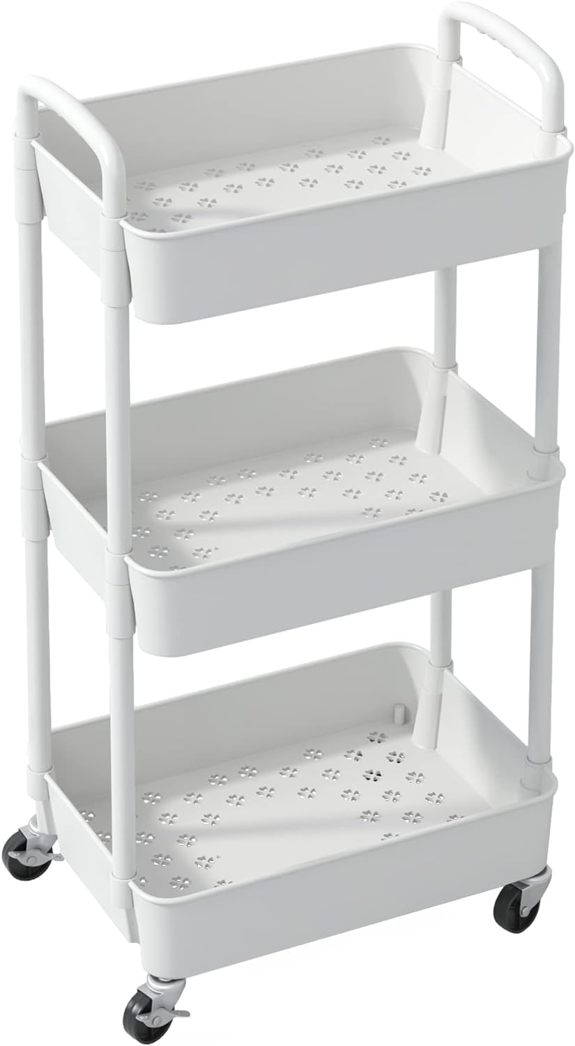 3-Tier Plastic Rolling Utility Cart with Handle, Multi-Functional Storage Trolley for Office, Living Room, Kitchen, Movable Storage Organizer with Wheels, White
