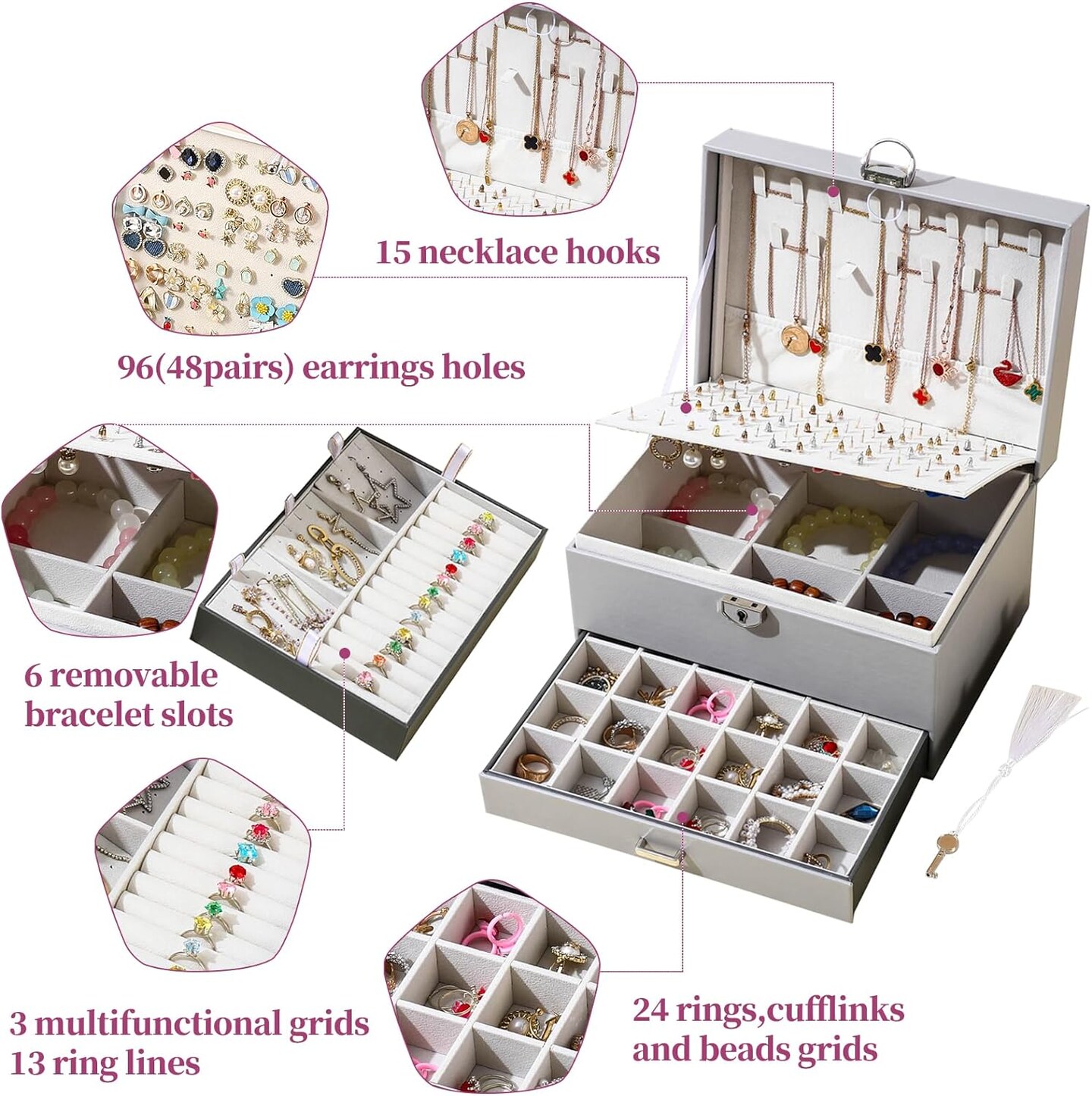 5-Layer Earring Jewelry Box with Lock &#x2013; Stud, Necklace, Ring Organizer for Women and Girls