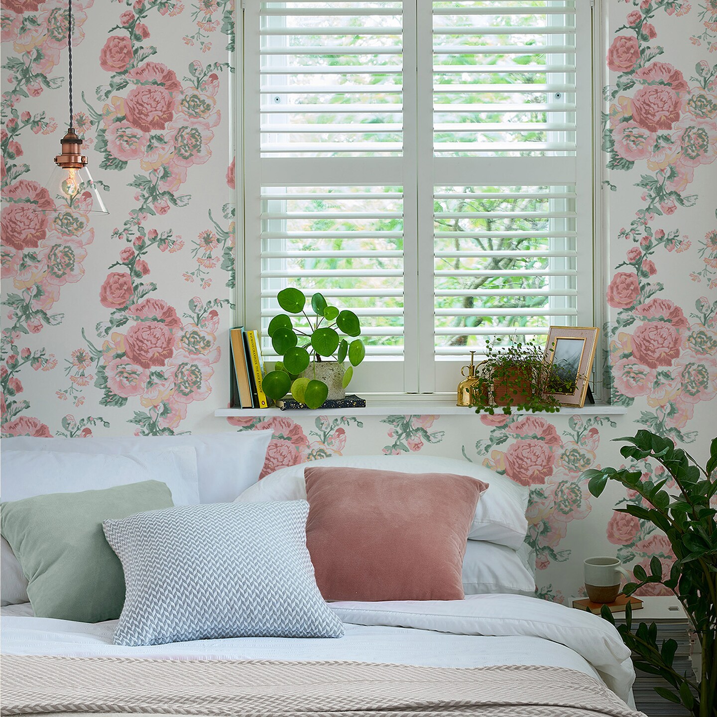 Laura Ashley Hollyhocks Coral Pink Wallpaper