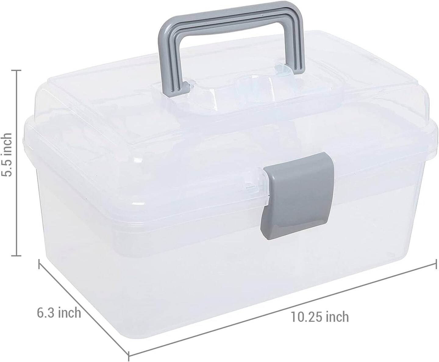 10.2 Inch Transparent Plastic Empty Multipurpose Tackle Box with Gray Handle and Removable Tray for Tools, First Aid, Sewing Kit, Arts Crafts Supplies Storage