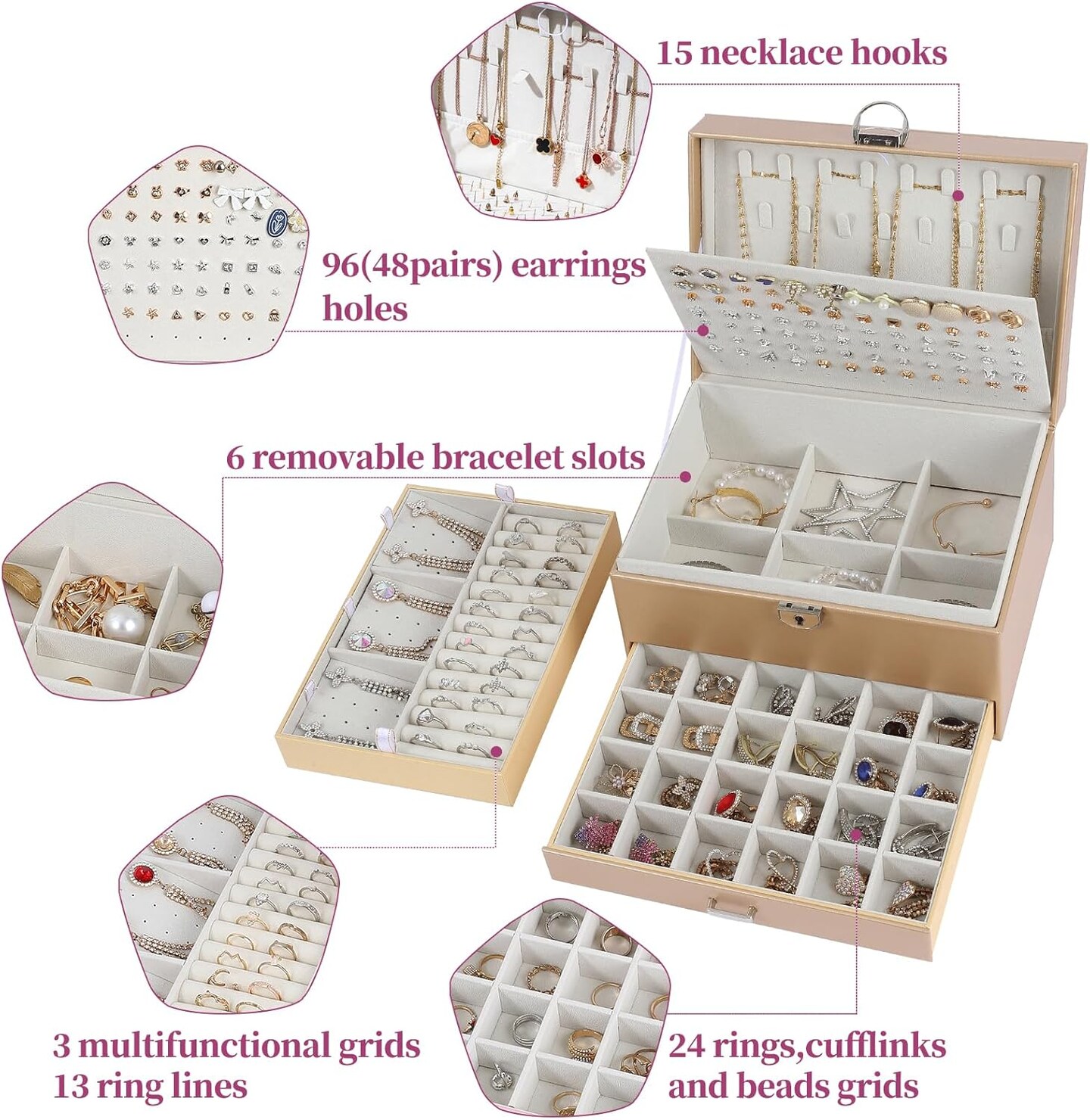 5-Layer Earring Jewelry Box with Lock – Stud, Necklace, Ring Organizer for Women and Girls