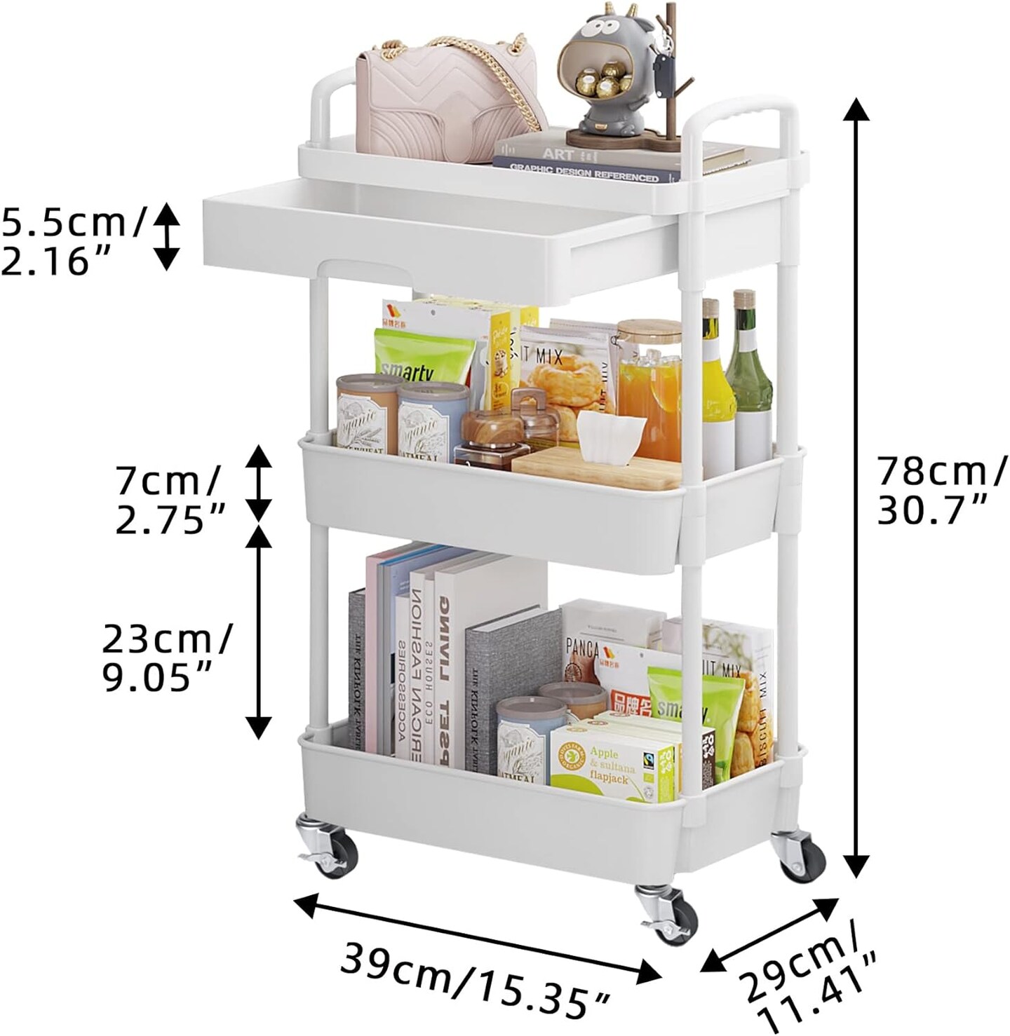 3-Tier Rolling Utility Cart with Drawer,Multifunctional Storage Organizer with Plastic Shelf &#x26; Metal Wheels,Storage Cart for Kitchen,Bathroom,Living Room,Office,White