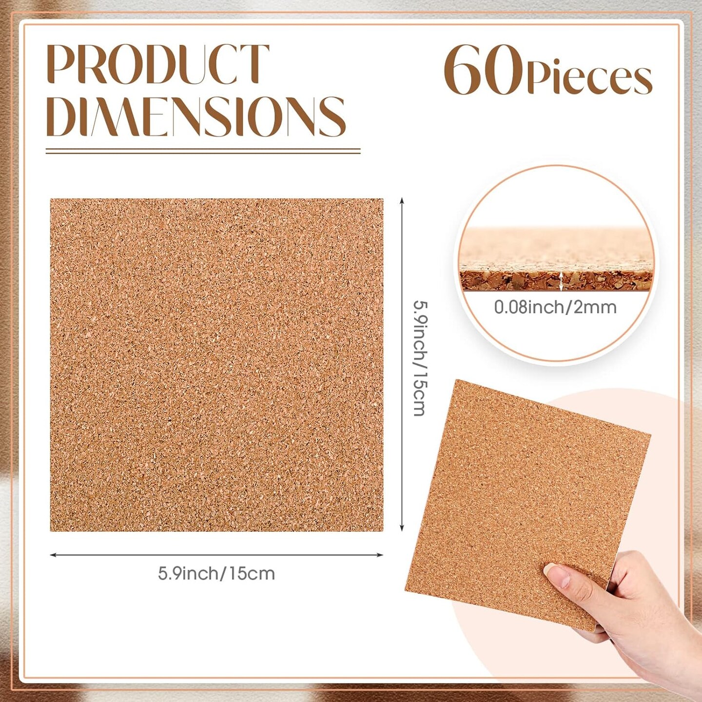 60 Pieces Self Adhesive Cork Squares 6&#x22; x 6&#x22; Cork Backing Sheets for DIY Ceramic Tiles, Concrete Coasters Cork Board Squares, Cork Mat, Mini Wall Cork Board, 2 mm Thick