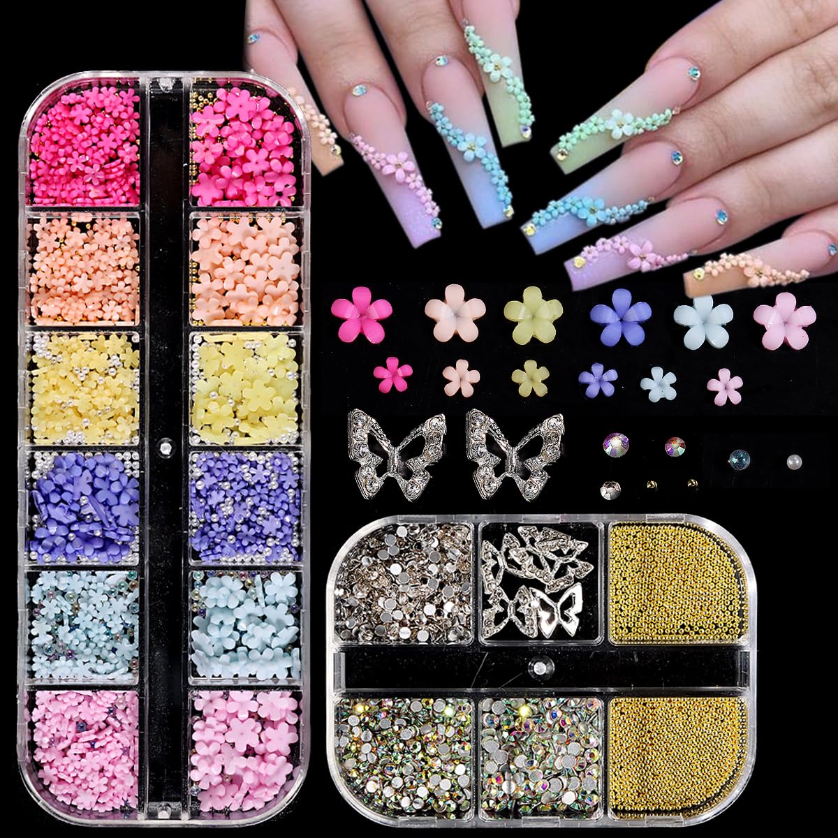 3D Pink Pastel Acrylic Flower for Nails, Gold Caviar Beads Nail Decorations Mixed Rhinestones Kit, Crystal AB Color Gems Nail Diamonds Rhinestones for Women Craft Jewelry