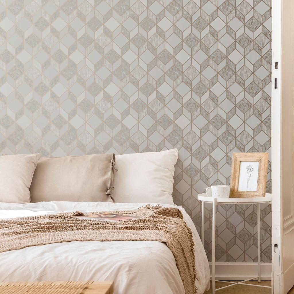 Vittorio Geometric Grey and Rose Gold Wallpaper