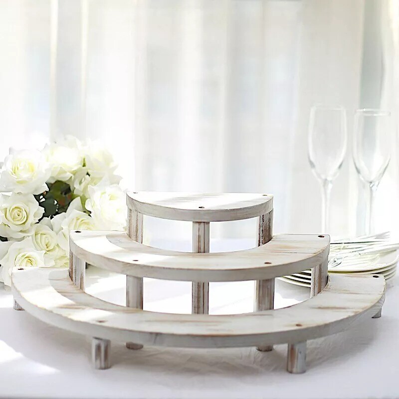 3 Whitewashed 3 Tier Wooden CUPCAKE STANDS Semicircle Dessert Pedestals Events
