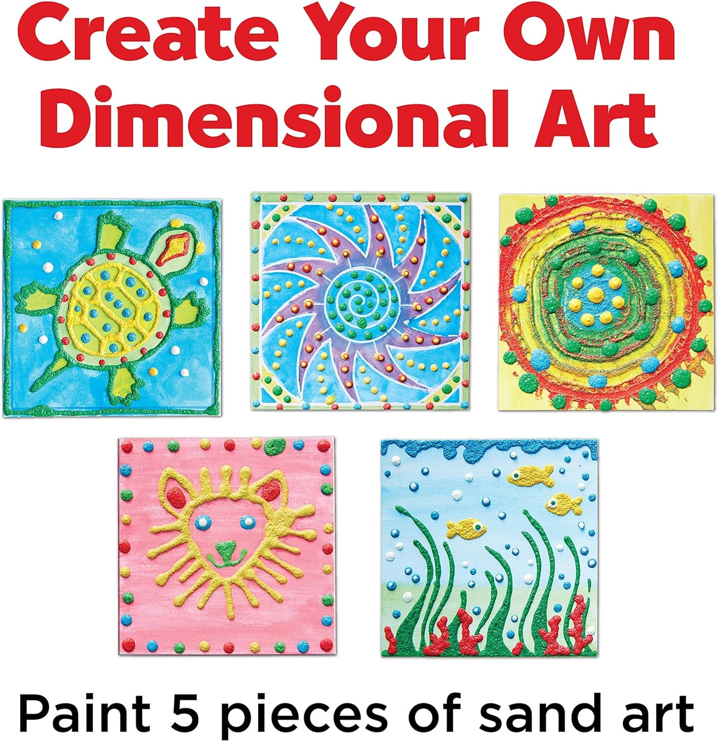 3D Sand Painting Kit for Kids: Make 5 Sand Art Pictures, DIY Arts and Crafts for Kids Ages 6-8+, Art Projects and Gifts for Girls and Boys, Red, yellow, green, blue, and white.