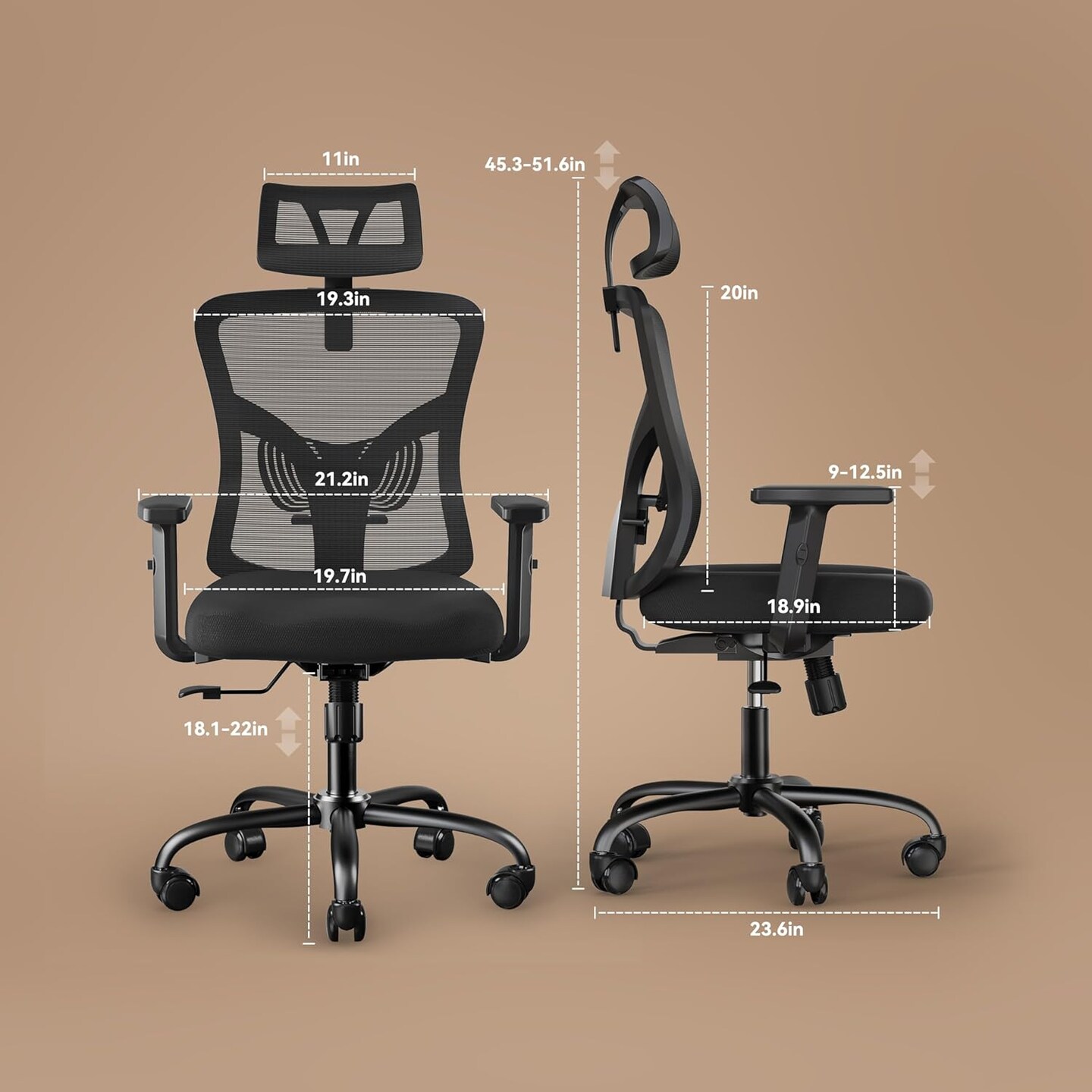 Ergonomic Office Chair, Desk Chair with 2&#x27;&#x27; Adjustable Lumbar Support, Headrest, 2D Armrest, Office Chair Backrest 135&#xB0; Rocking Relaxation, Computer Chair for Home Office