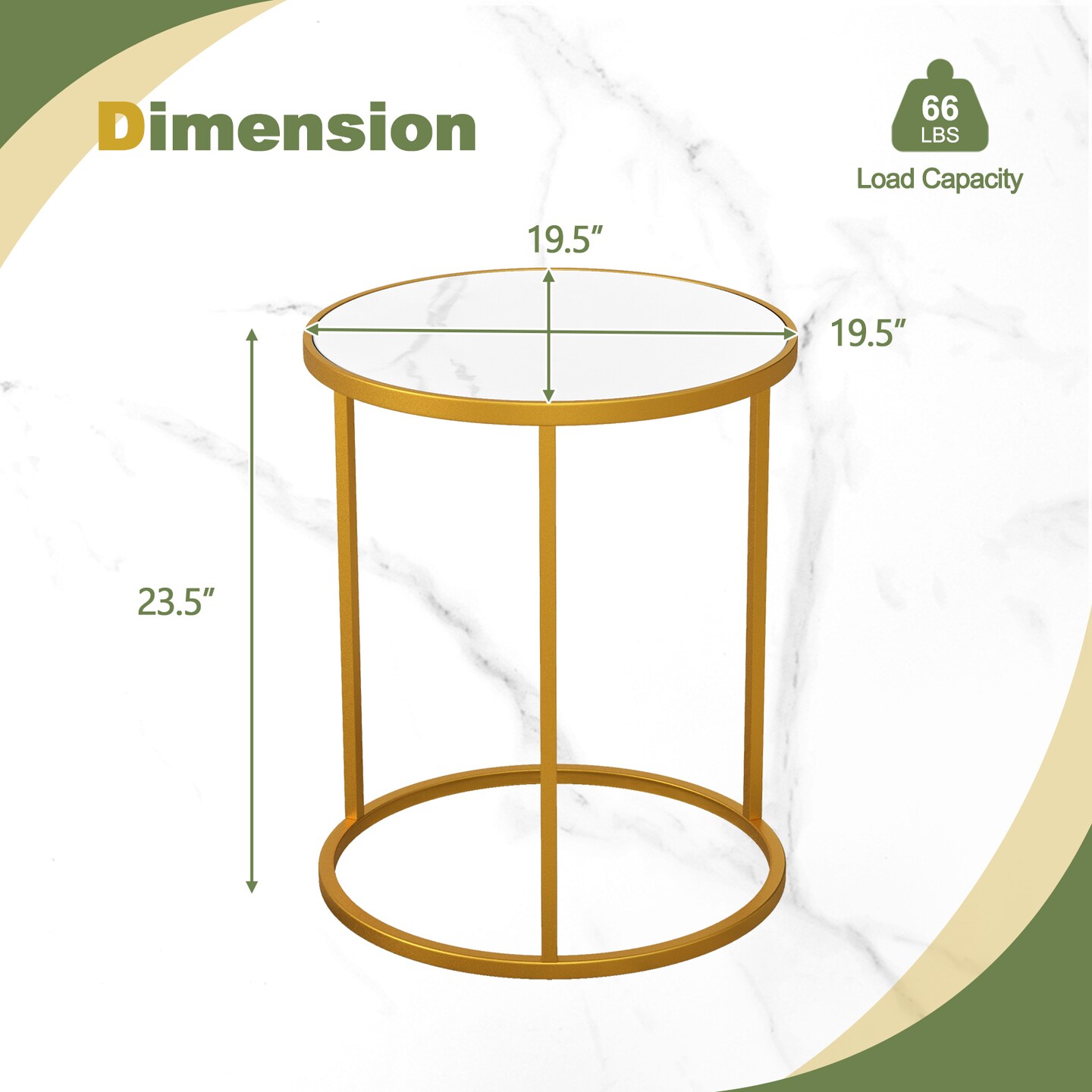 Marble Top Round Side Table 16-inch End Table With Golden Metal Frame