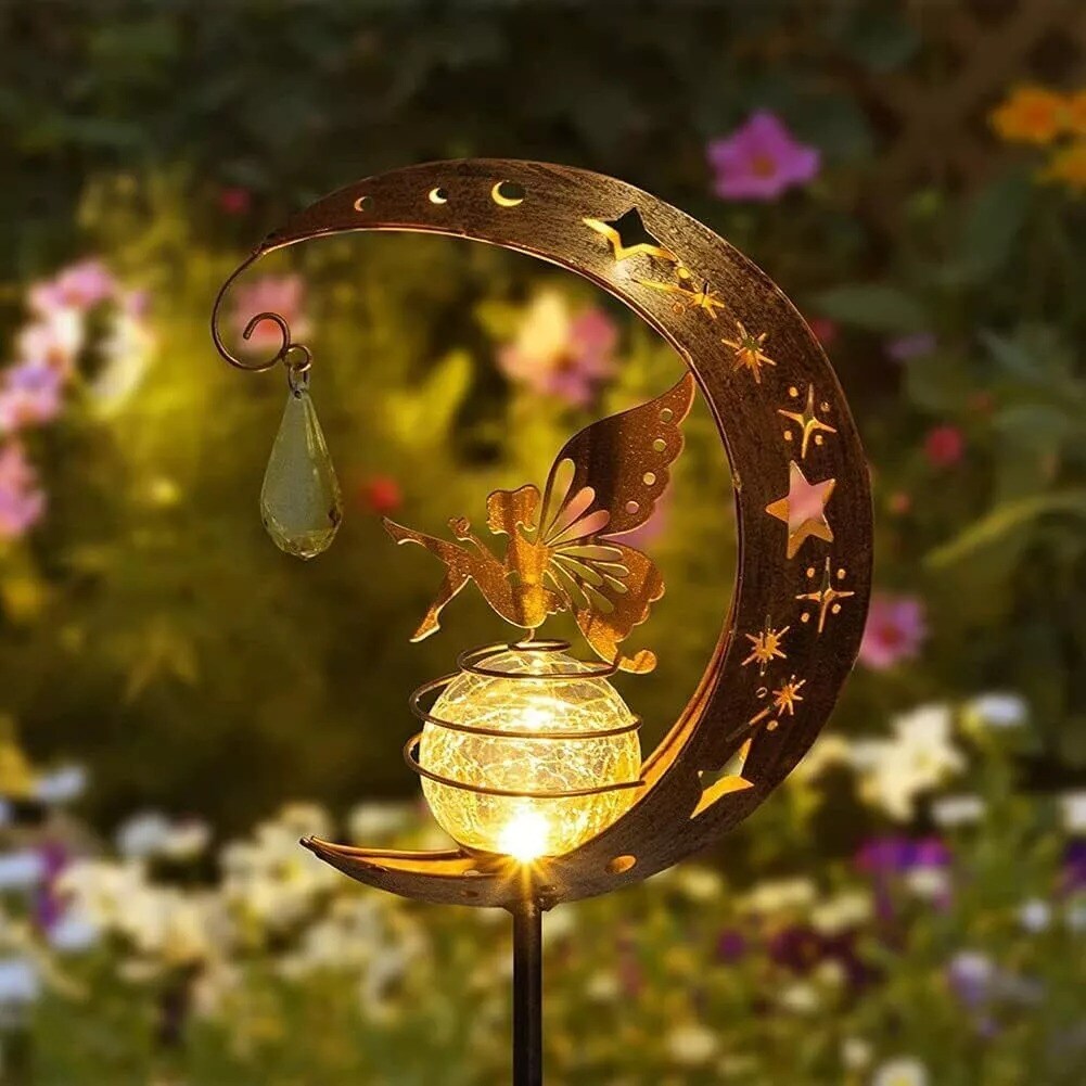 Solar Garden LED Lights Outdoor Metal Decorative Stake Light Crackle Glass Globe