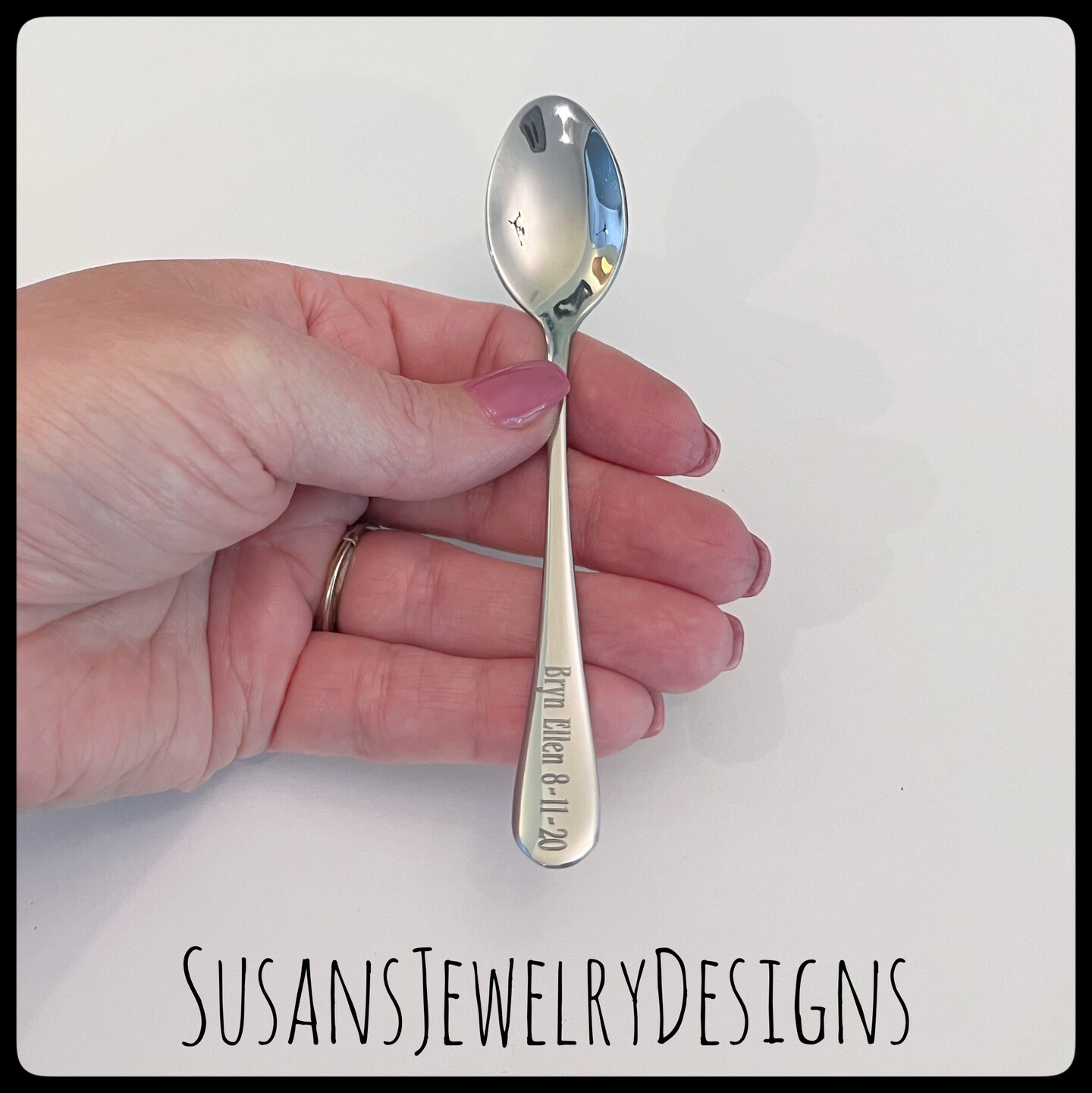 Engraved baby spoon, baby shower gift, new mom baby, name date spoon, personalized, custom wording, unisex, silver stainless steel, benguiat product 7