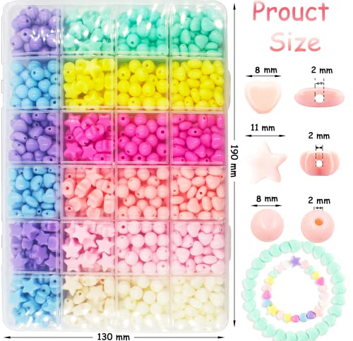 720 Pieces Candy Color Acrylic Heart Beads Star And Round Beads, Colorful Assorted Plastic Pastel Circle Shape Cute Loose Beads Bulk for Bracelets Jewelry Making DIY Crafts Necklace