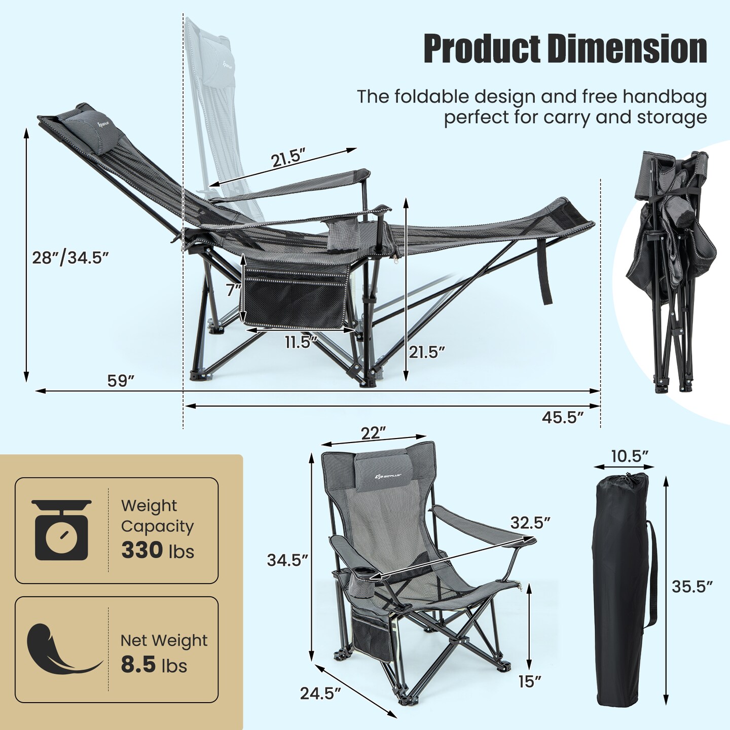 Camping Lounge Chair With Detachable Footrest Adjustable Backrest