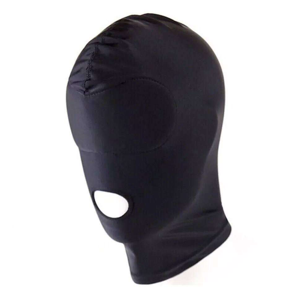 Black Bondage Full Hood Head Face Mask Open Eye Mouth Role Play Spandex Headgear